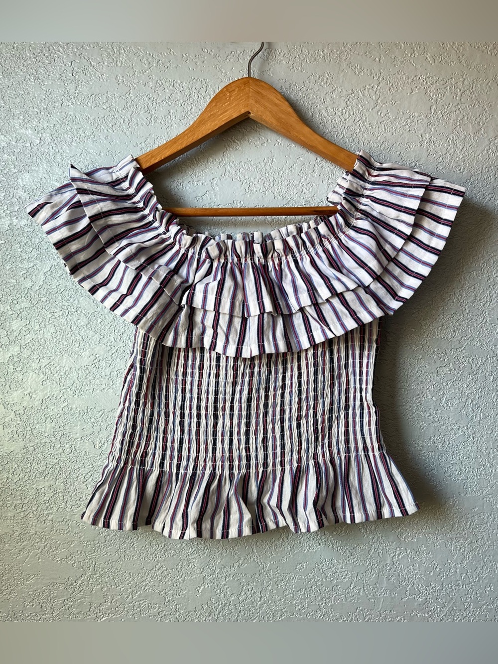 About Us Striped Off Shoulder Smocked Ruffle Peplum Top XS Boho Cottage